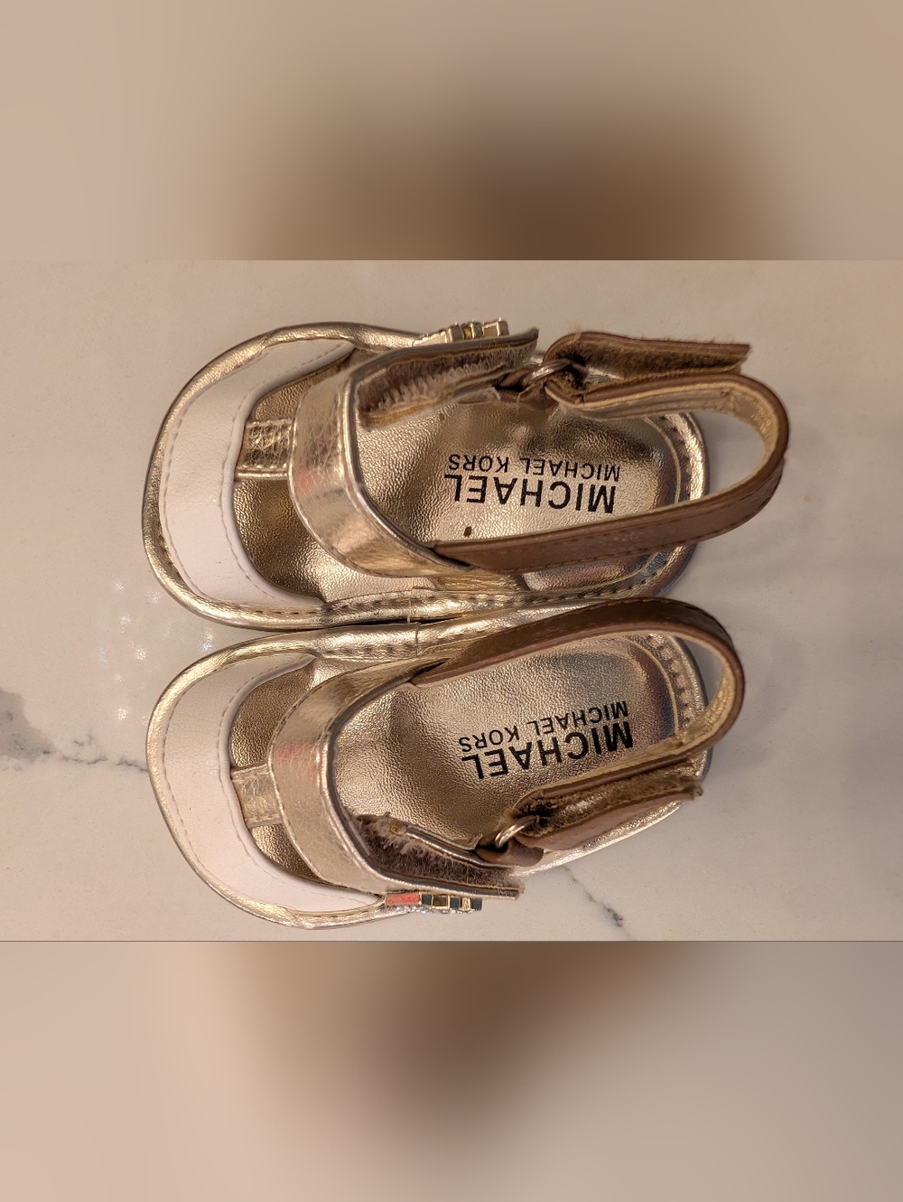 Michael Kors Metallic Gold & White Sandals with Brown Strap Baby Size 2 - Picture 11 of 11